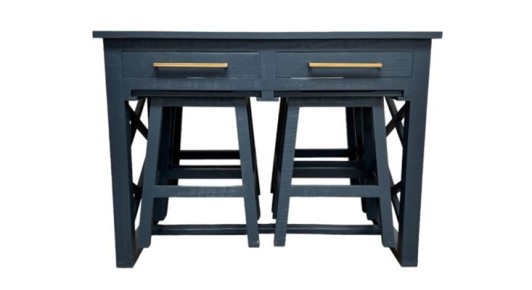 Island Bar w/4 Stools in Navy w/Gold Hardware